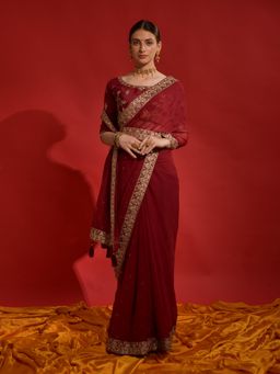 Odette - Maroon Embroidered Georgette Saree for Women with Unstitched Blouse