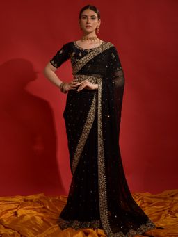 Odette - Black Embroidered Georgette Saree for Women with Unstitched Blouse