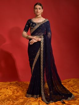 Odette - Navy Blue Embroidered Georgette Saree for Women with Unstitched Blouse