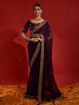 Odette - Wine Embroidered Georgette Saree for Women with Unstitched Blouse