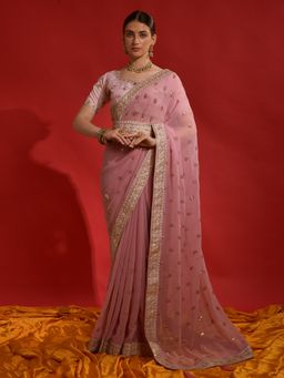 Odette - Pink Embroidered Georgette Saree for Women with Unstitched Blouse