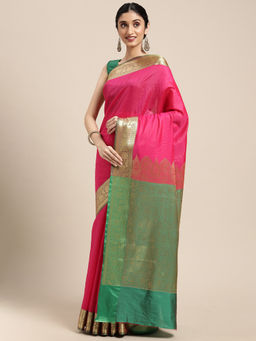 Banarasi Silk Works - Pink Valkalam Katan Silk Anchal Saree with Unstitched Blouse