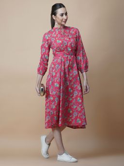 GULAB CHAND TRENDS - Red Block Printed Round Ruffle Neck Midi Dress with Tussel (Set of 2)