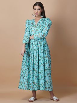GULAB CHAND TRENDS - Sky Blue Hand Printed V-neck Maxi Dress With Gathered Shoulder