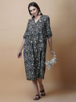 GULAB CHAND TRENDS - Black Block Printed V-neck Midi Dress With Flared Hem & Pleated Sleeves