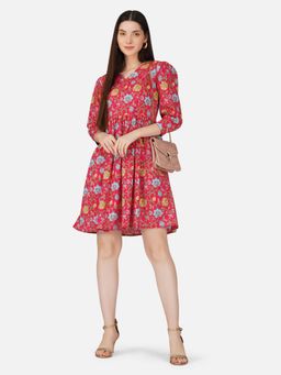GULAB CHAND TRENDS - Pink Hand Block Printed V-neck Mini Cotton Dress