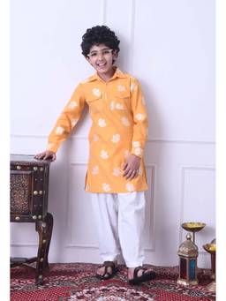 Indi-Loom Couture - Boys Orange Cotton Blend Kurta and Pyjama