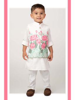 Little Collars - Boys White Blended Kurta with Pyjama and Jacket