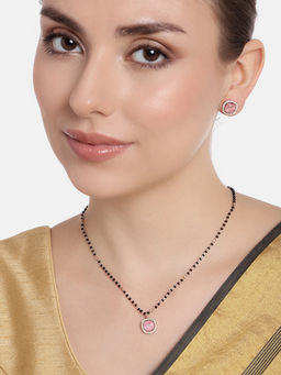 Estele - Rose Gold Plated Cz Dazzling Mangalsutra Necklace Set With Mint Pink Stones