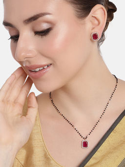Estele - Rose Gold Plated Cz Square Designer Mangalsutra Necklace Set With Ruby Stone