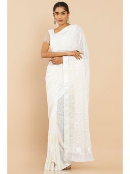 Soch - Women White Georgette Embellished & Sequined Saree with Unstitched Blouse