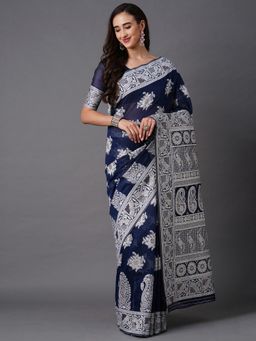 Akhilam - Navy Blue Festive Silk Blend Woven Design Saree with Unstitched