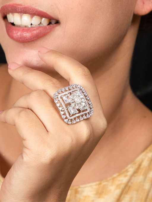 Niscka Rhodium Silver American Diamond Studded Adjustable Finger Ring