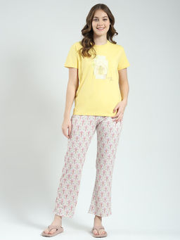Monte Carlo - Women Yellow Printed Round Neck Lower Set (Set of 2)