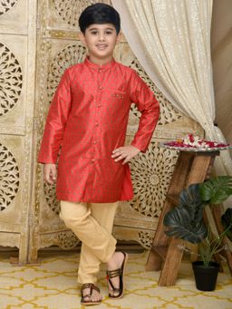 SAKA DESIGNS - Maroon Poly Chanderi Achkan with Golden Cotton Pyjamas - Boys (Set of 2)
