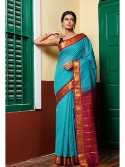 Unnati Silks - Turquoise Pure Handloom Gadwal Cotton Saree