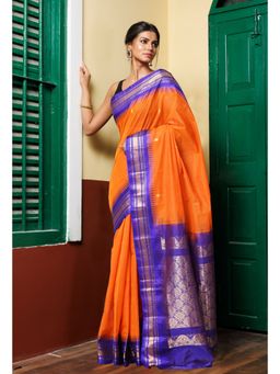 Unnati Silks - Orange Pure Handloom Gadwal Cotton Saree