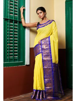 Unnati Silks - Lemon Yellow Pure Handloom Gadwal Cotton Saree