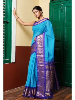 Unnati Silks - Blue Pure Handloom Gadwal Cotton Saree