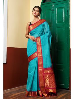 Unnati Silks - Turquoise Pure Handloom Gadwal Cotton Saree