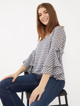 Zink London - Womens Navy Blue Checks Top