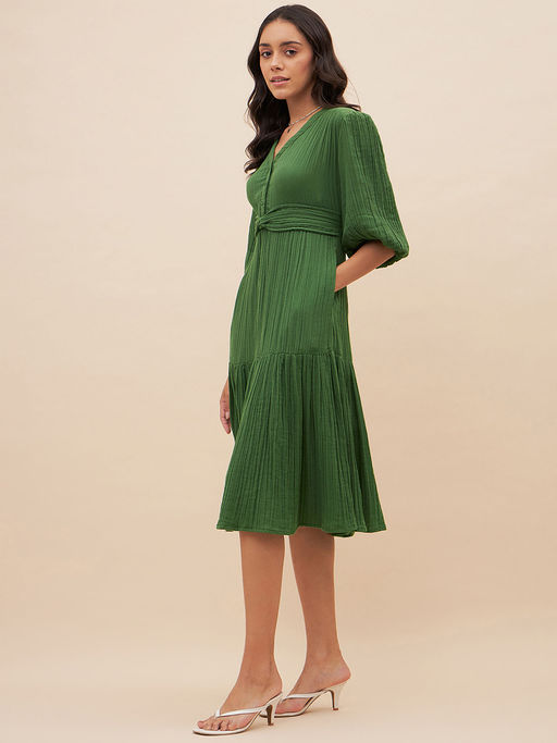 knee length dresses for ladies Black And Taupe Printed Knot Front Midi Dress main image 0