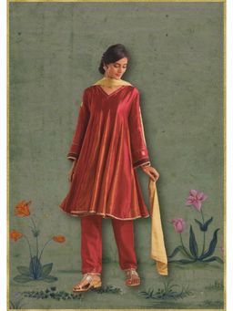 Myoho - Red Embroidered Dupion Silk Godet Kurta and Pant with Dupatta