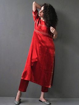 Chidiyaa - Red Pure Cotton Printed Hand Block Kurta with Pant