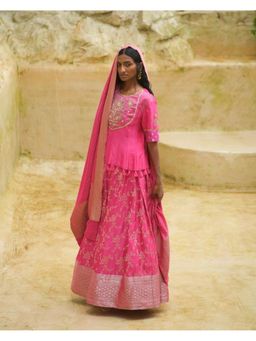 Myoho - Pink Hand Embroidered Lehenga and Choli with Dupatta