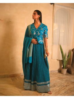 Myoho - Teal Floral Brocade Choli with Crushed Lehenga and Dupatta