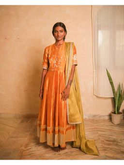 Myoho - Mustard Hand Embroidered Floral Brocade Anarkali Kurta and Pant with Dupatta