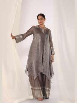 Myoho - Grey Layered Handwork Embroidered Silk Kurta and Palazzo with Cape