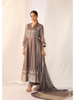 Myoho - Grey Silk Woven Border Handwork Embroidery Anarkali and Pant with Dupatta