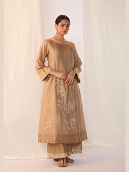 Myoho - Beige Silk Pintucked Kurta and Pant
