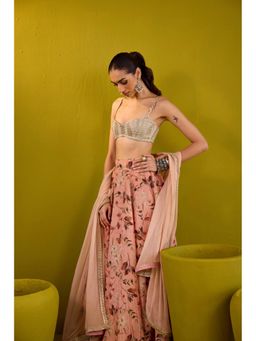 Old Marigold - Keisha Peach Embellished Tissue Lehenga with Blouse and Dupatta