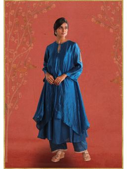 Myoho - Blue Circular Double Layer Hand Work On Neck and Sleeve Kurta and Pant Set