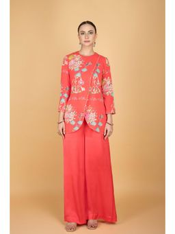 Tanu Malhotra - Coral Pink Floral Overlay Top with Palazzo