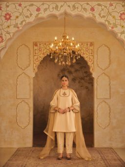 AFRIYA - Tajra Round Neck A-Line Cream Kurta with Pant and Dupatta