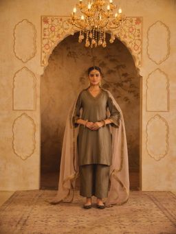 AFRIYA - Tajra V-Neck A-Line Green Kurta with Pant and Dupatta