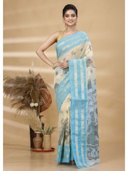 Ruuprekha - Woven Cream Printed Pure Cotton Saree with Unstitched