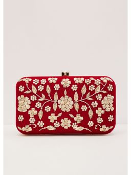 KALKI FASHION - Red Floral Clutch on Silk Fabric with Zardosi Work