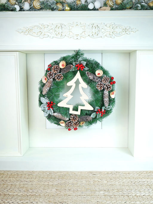Little Surprise Box Bushy Frosty Mdf Tree with Pinecones Berries & Mushroom Buds Wreath