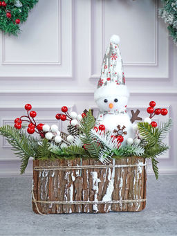 Little Surprise Box - Snowman with Big Rectangular Wooden Log Christmas Table Decor