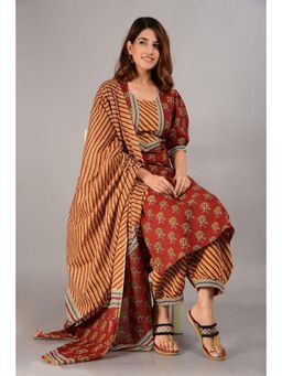 Biba - Red Cotton Unstitched Suit (Set of 3)