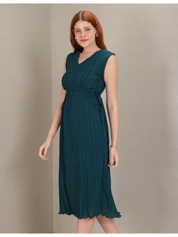 U.S. POLO ASSN. - Teal Solid Accordion Pleated A-line Dress