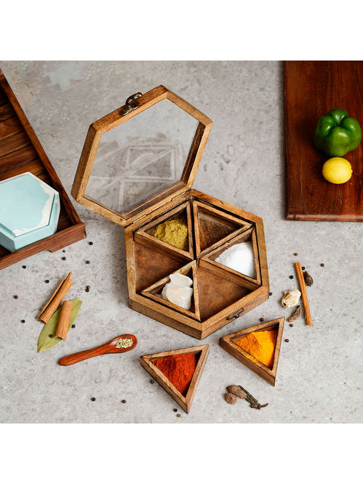 eCraftIndia 6 Triangle Compartments Handcrafted Wooden Spice Box