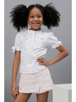 One Friday - Girls White Short Sleeve Top with Pin Tucks Frills
