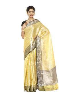 Banarasi Silk Works - Yellow Kanchi Silk Zari Jamawar Border Saree with Unstitched Blouse