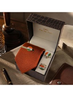 The Tie Hub - Rust Silk India Flag Round Brass Cufflinks & Tie Bar For Men