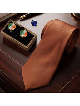 The Tie Hub - Solid Rust Silk Necktie Combo Set With India Flag Round Brass Cufflinks For Men